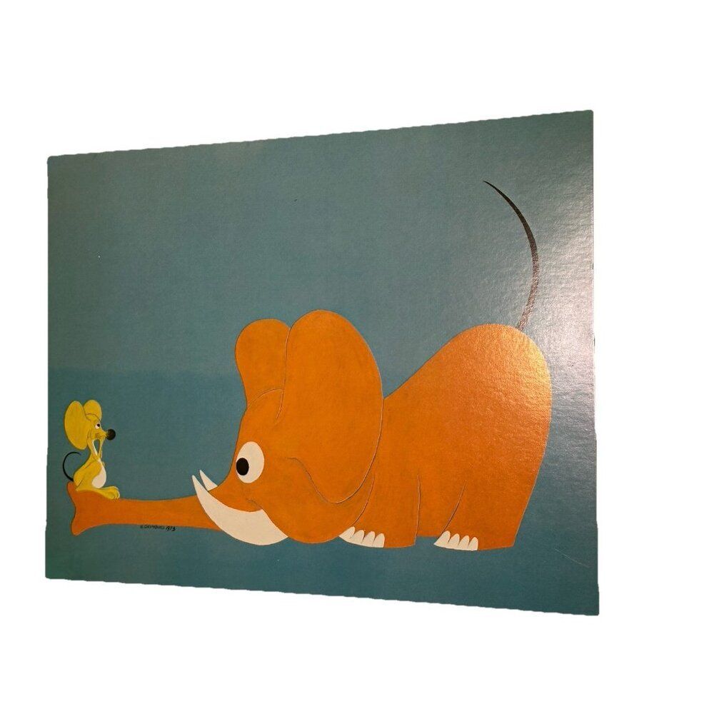Vtg 70s MCM Animals Carl Orimenko Nursery Art Decor 14x11 Elephant Mouse